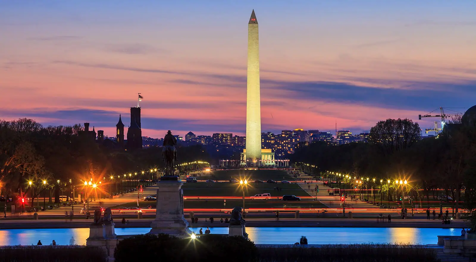 Washington Monument at sunset, vibrant cityscape