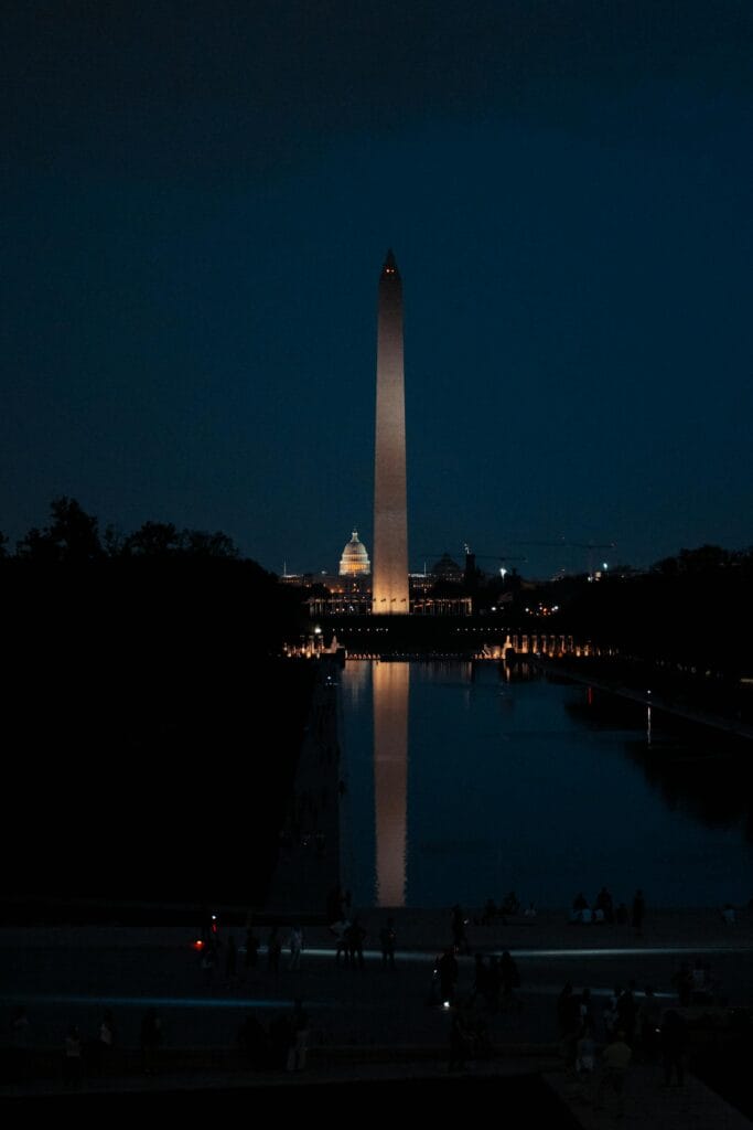 Night view of the Washington Monument reflecting in the pool, Washington D.C.